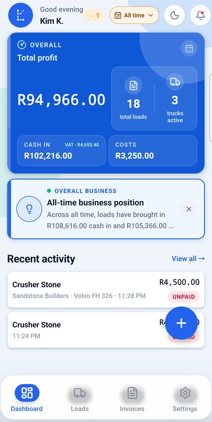 LoadIQ dashboard showing total profit, cash in and costs in Rand