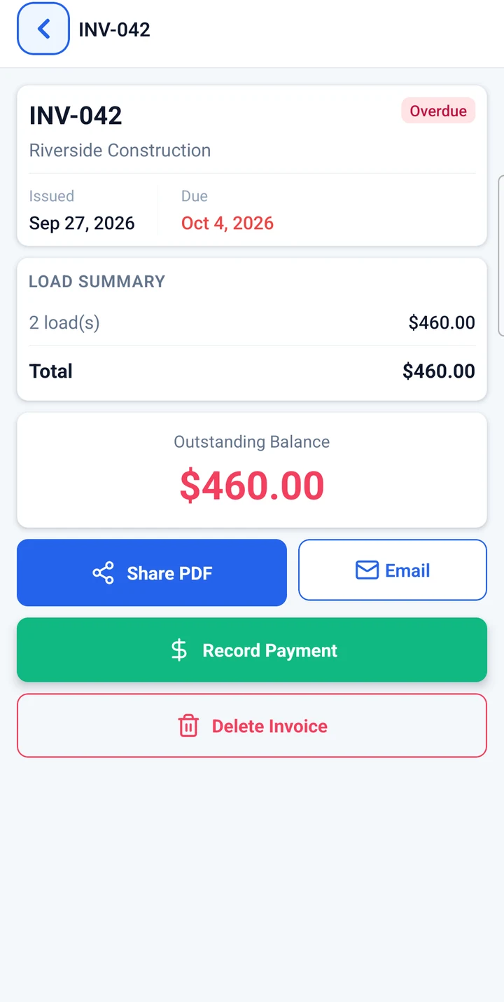 Invoice with Share PDF, Email and Record Payment buttons
