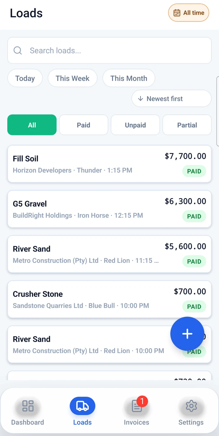 List of loads with customer, truck and paid status